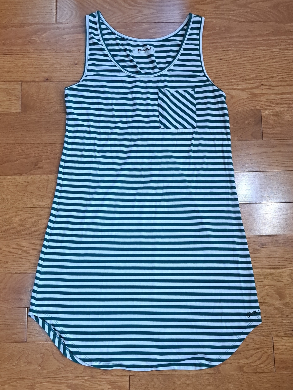 Kavu Green and White Striped Tank Top Dress with Chest Pocket